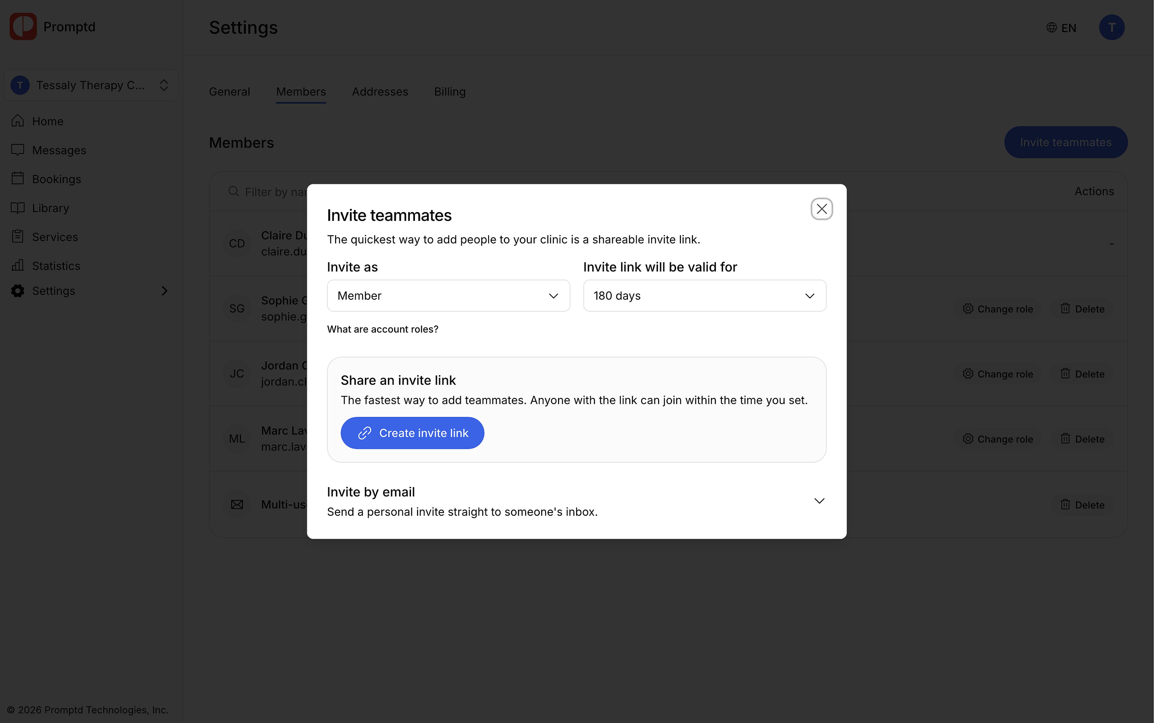The invite teammates dialog