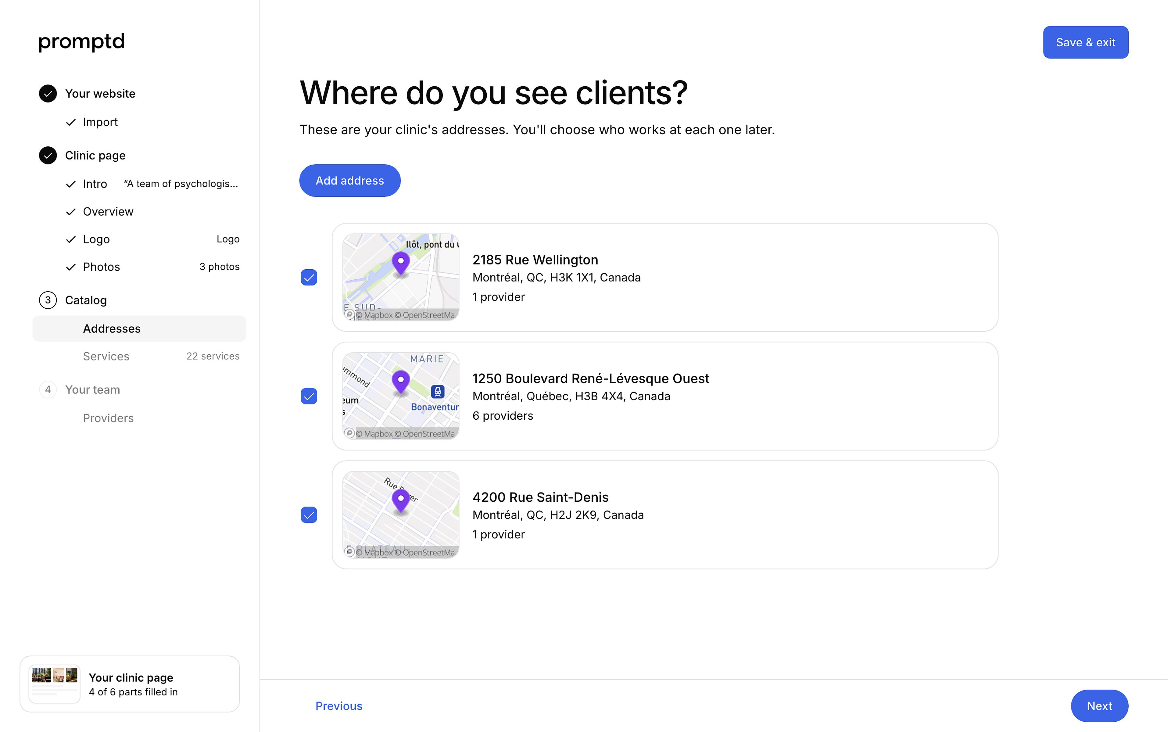 The Addresses step of the clinic setup wizard