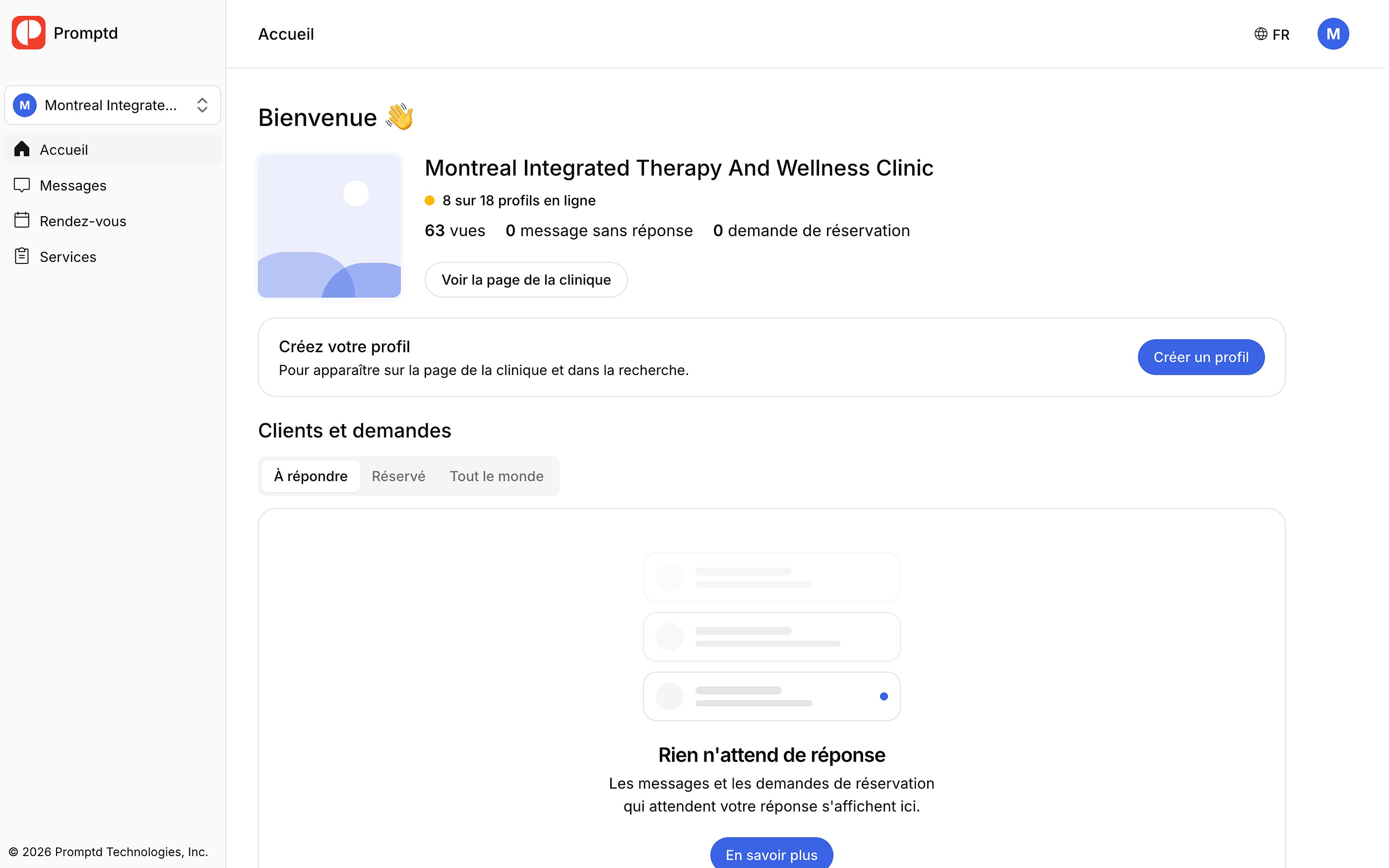 L'accueil de la clinique vu par un membre, avec la carte Créez votre profil et la liste des clients