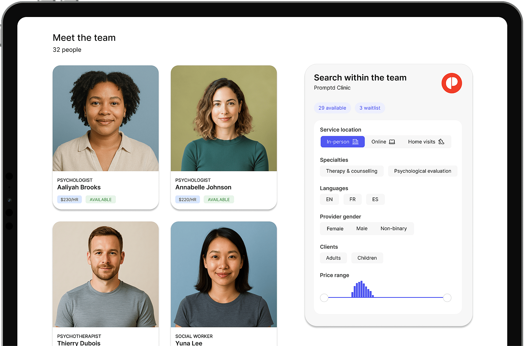 practitioners that are part of a team displayed in a list along with aggregated statistics