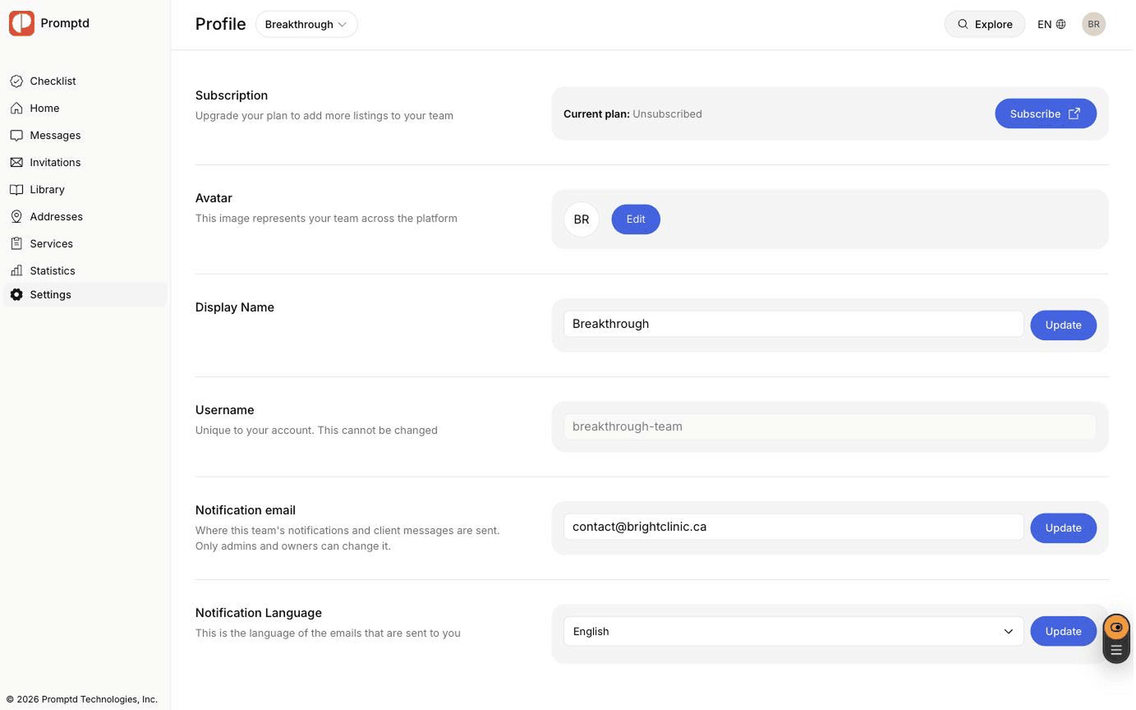 The subscription section of the clinic settings