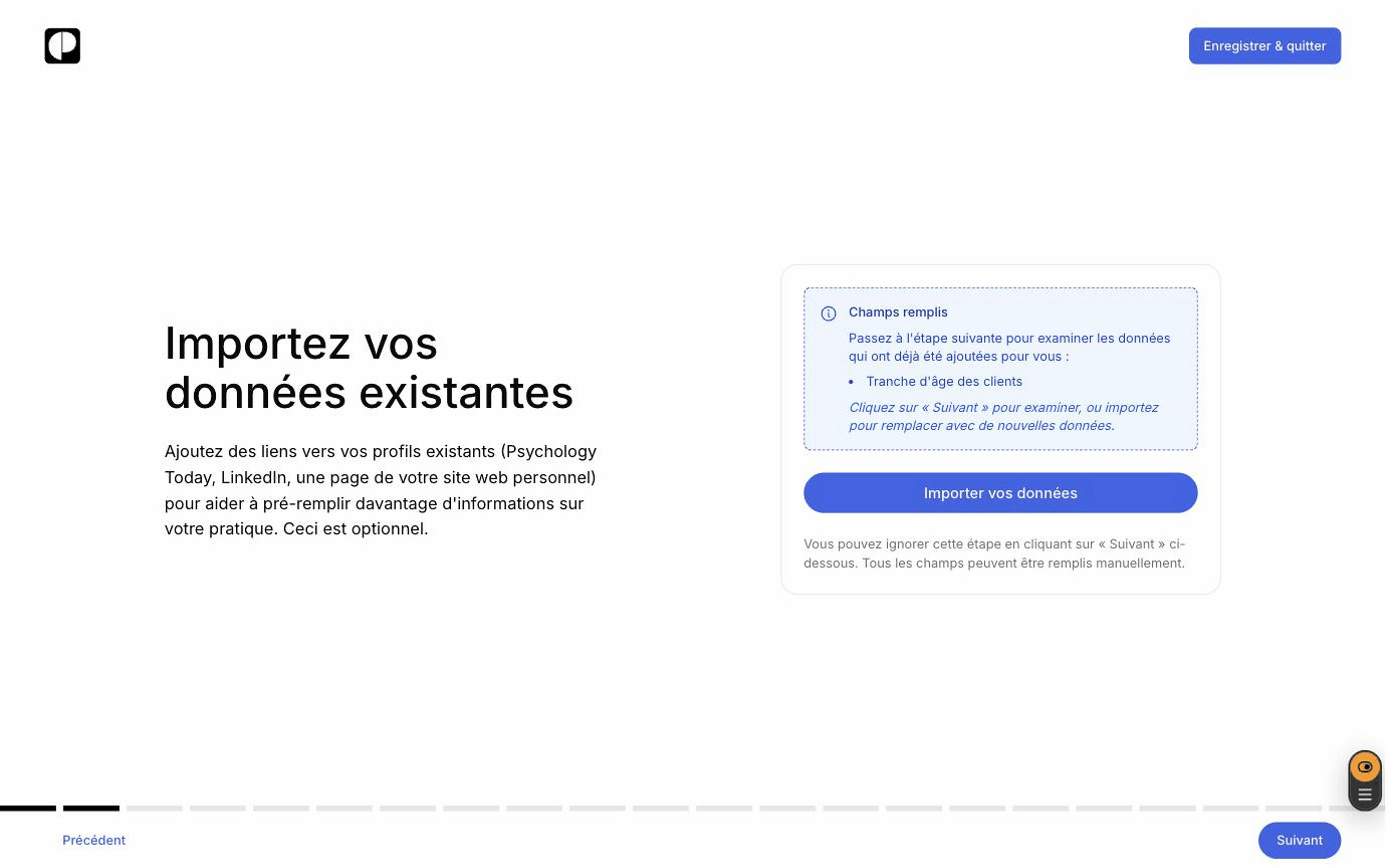 L'étape d'importation du formulaire de profil de prestataire