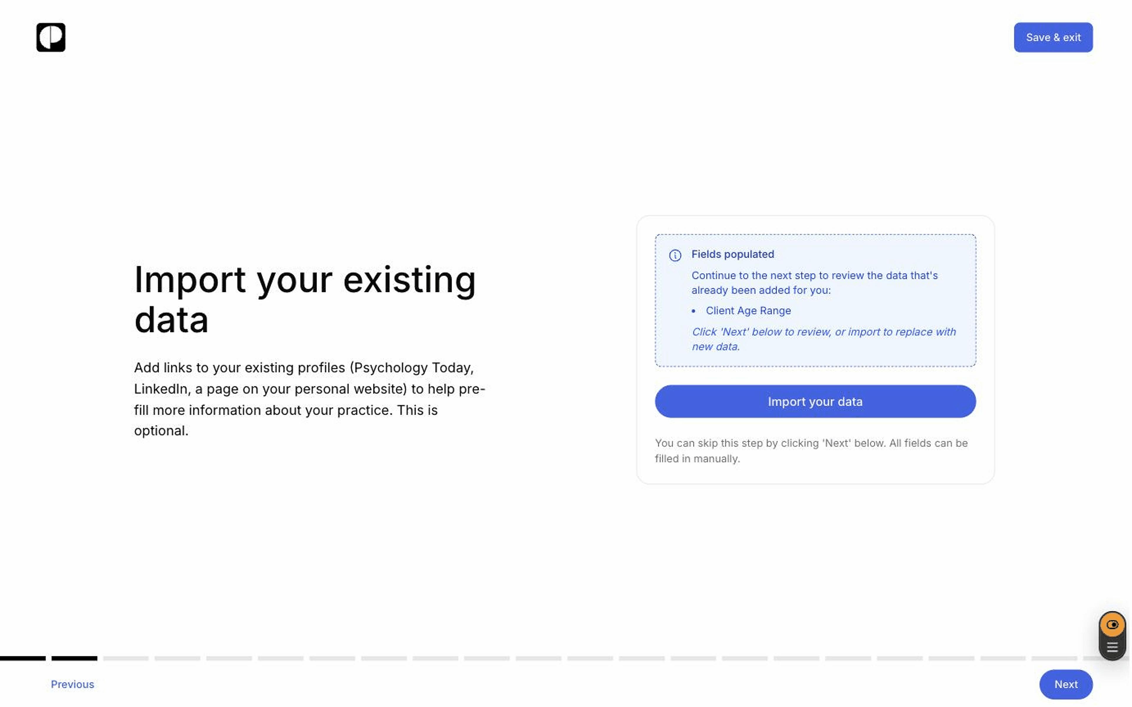 The import step of the provider profile form