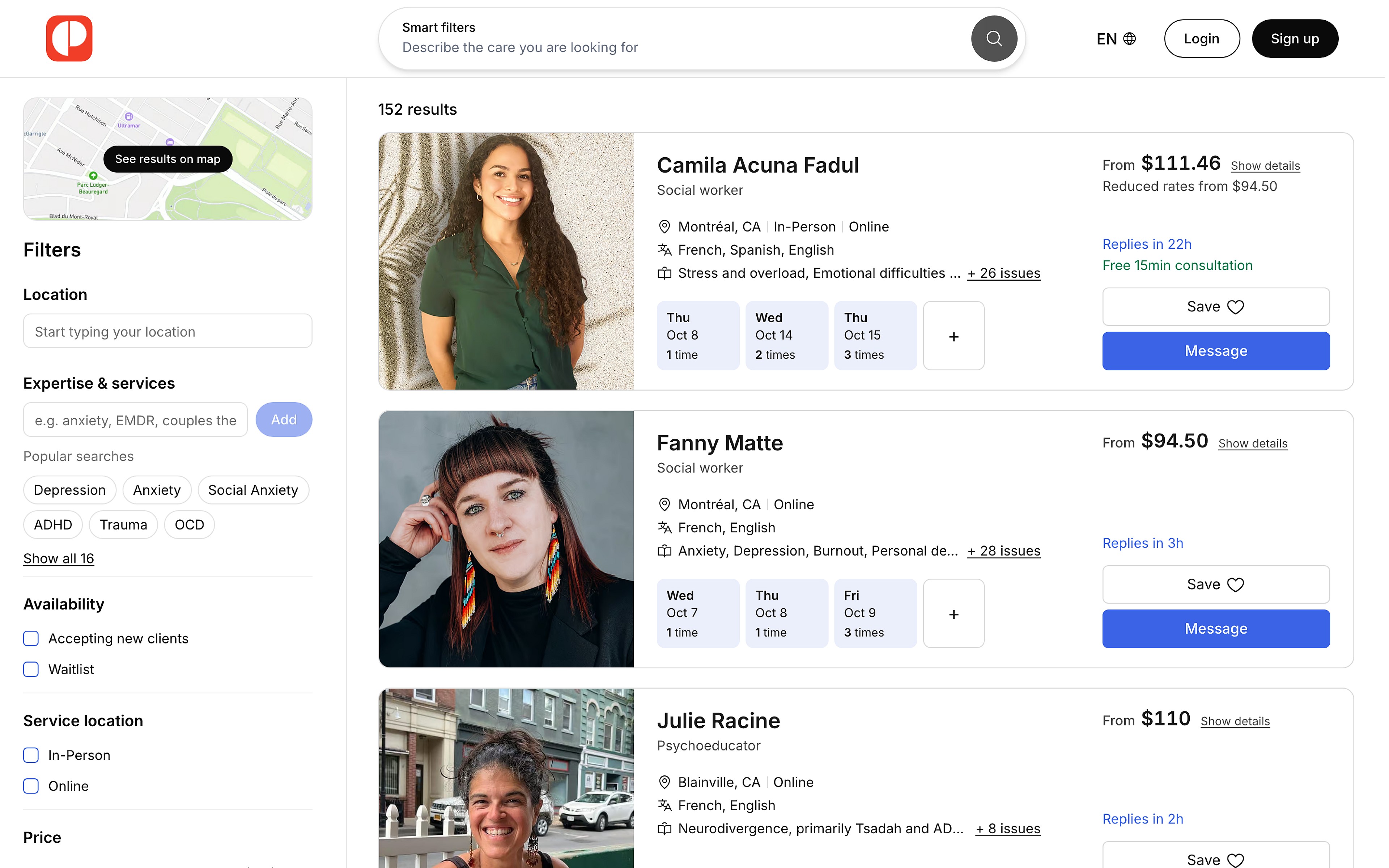 The Explore page with filters beside the results and providers' open days on each card
