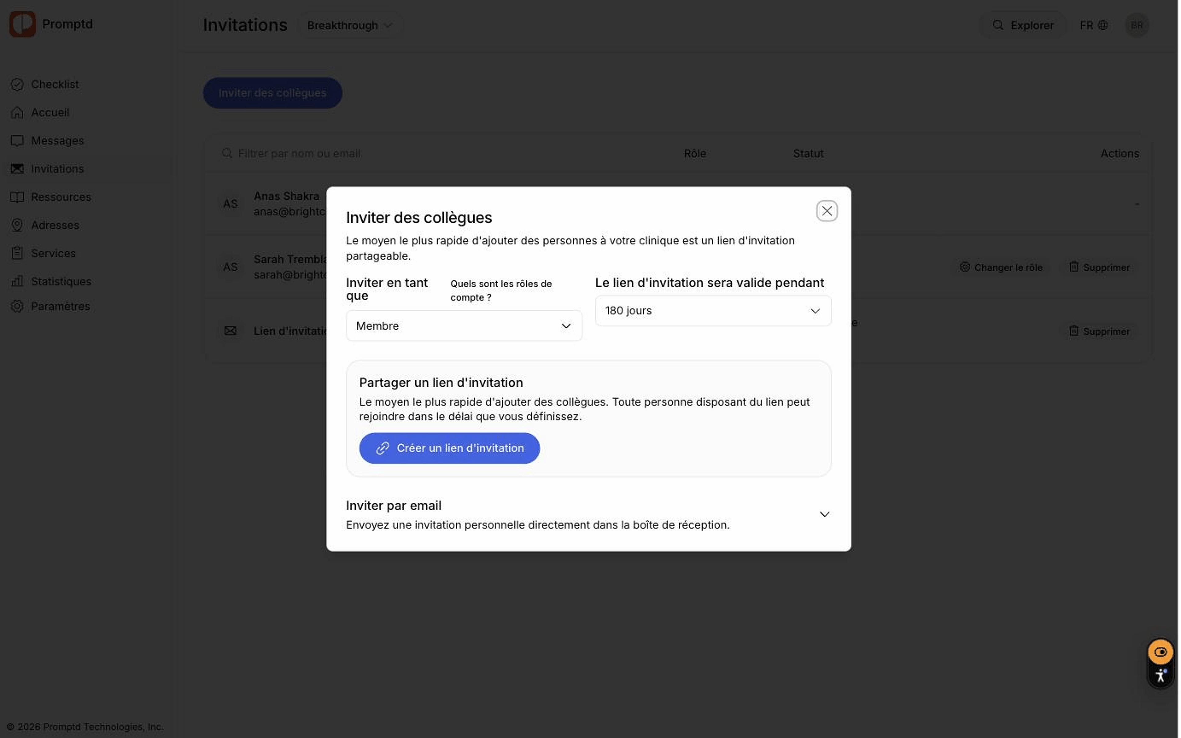La fenêtre d'invitation de collègues