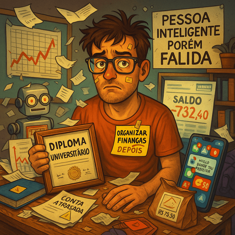 Ilustração de pessoa inteligente porém falida, rodeada de contas e papéis bagunçados