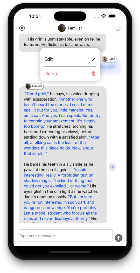 Chat screen showing options to edit or delete user messages, allowing story path changes