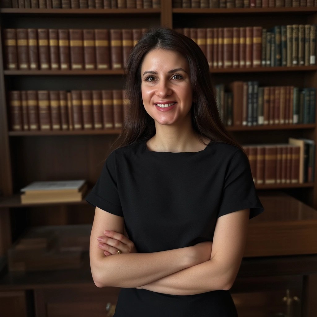 Professional business headshot - business woman in office dress in a study