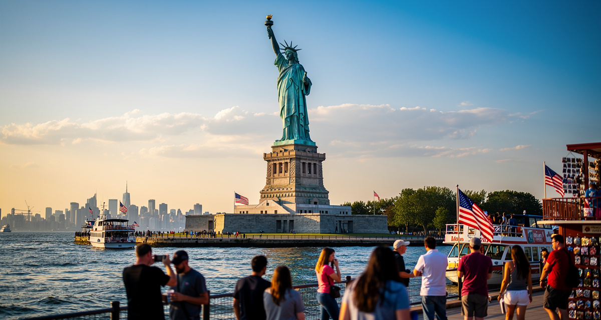 Skyline von New York City und Freiheitsstatue, die die Ländervorwahl +1 für Nordamerika repräsentieren