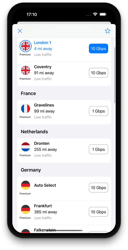 Tegant VPN Server Selection Screen
