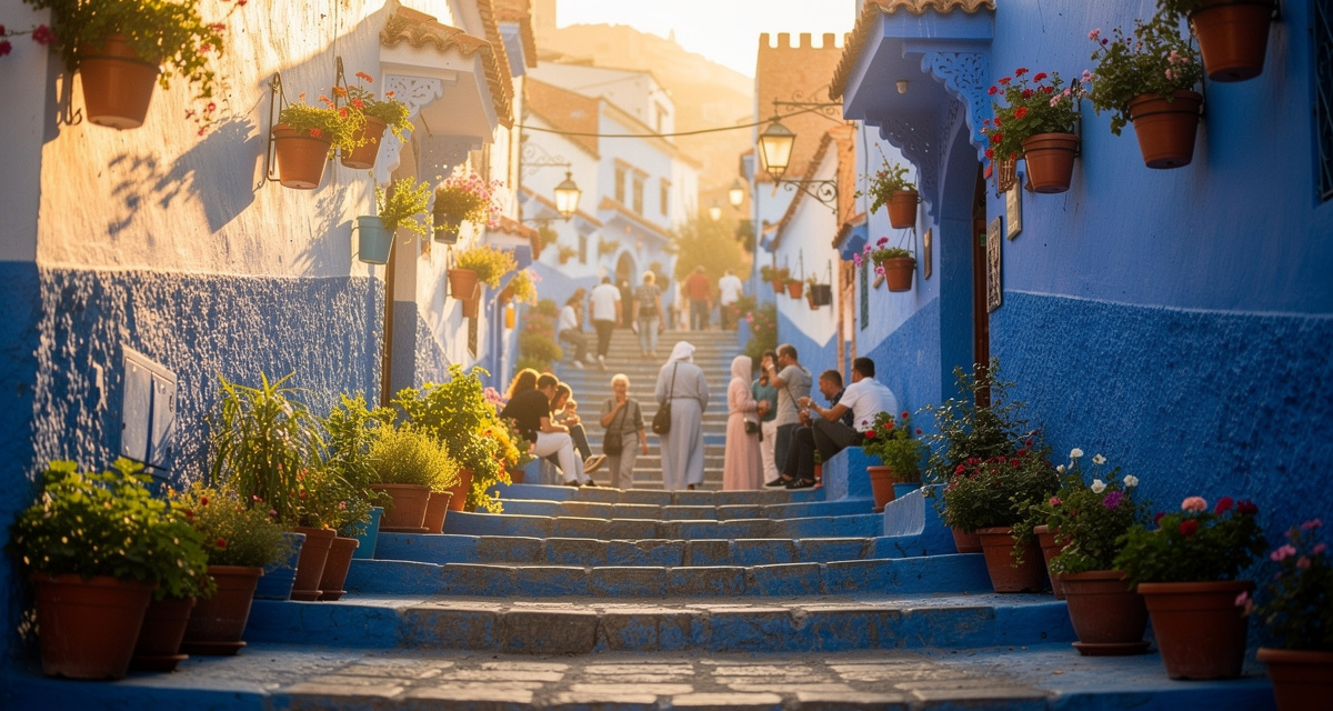 Chefchaouen blue city streets at golden hour with traditional Moroccan architecture, representing Morocco and the +212 international dialing code