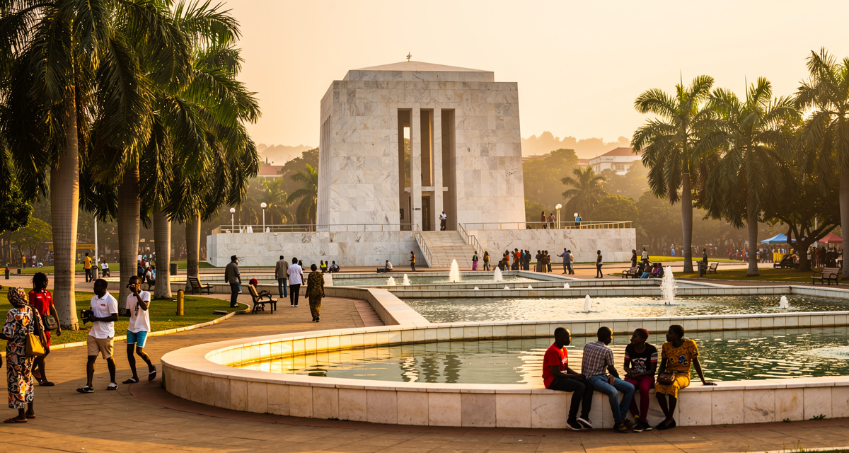 Kwame Nkrumah Memorial Park and mausoleum in Accra at golden hour with palm trees, fountains, and the modern Accra skyline in the background, representing Ghana and the +233 international dialing code