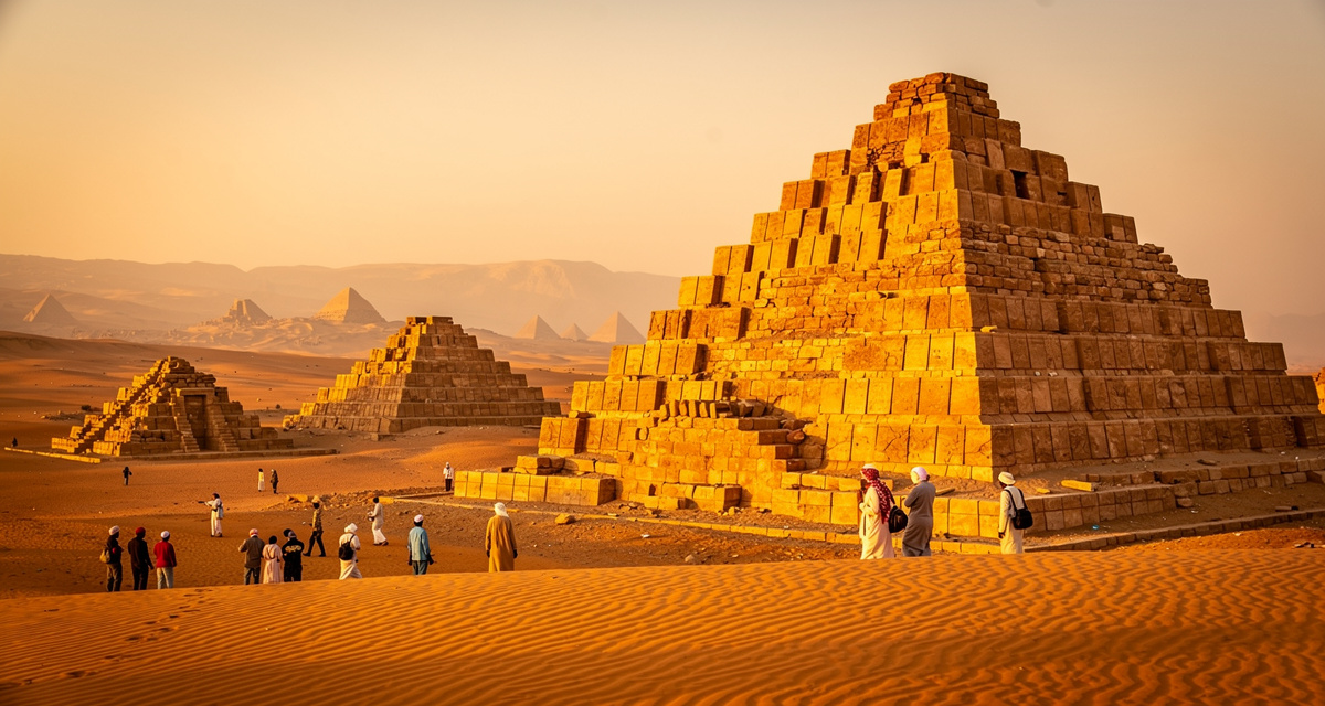 Ancient Nubian pyramids of Meroe rising from the desert sands of northern Sudan at golden hour, with dozens of steep narrow pyramids casting long shadows across orange sand, representing Sudan and the +249 international dialing code