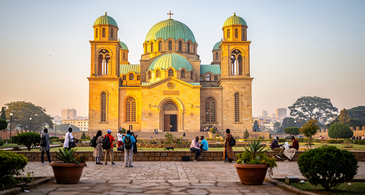 Holy Trinity Cathedral in Addis Ababa at golden hour with its distinctive green copper domes and bell towers surrounded by eucalyptus trees, representing Ethiopia and the +251 international dialing code