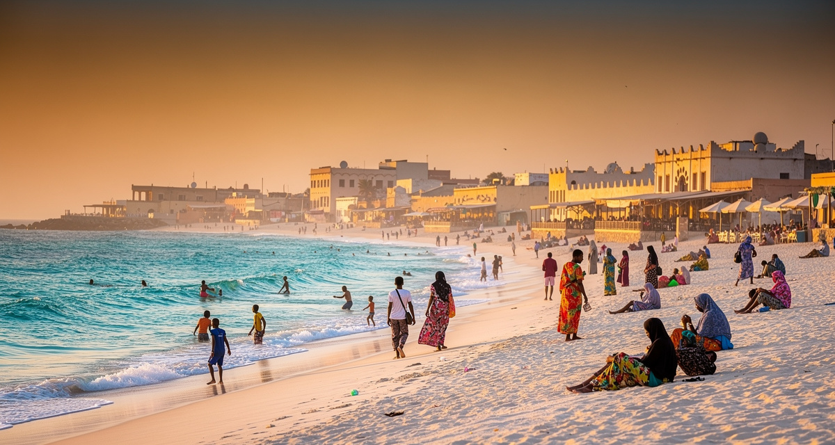 Lido Beach in Mogadishu at golden hour with white sand and turquoise Indian Ocean water, fishing boats on the shore and the Somali coastline in the distance, representing Somalia and the +252 international dialing code