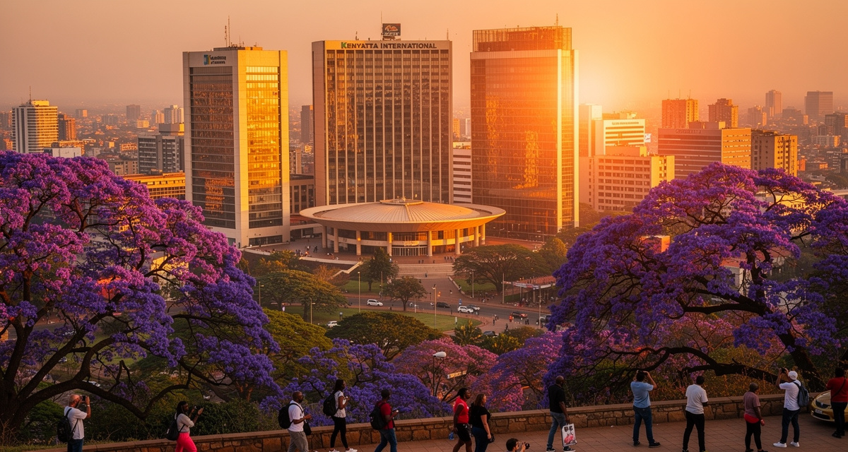 Nairobi city skyline with Kenyatta International Convention Centre at golden hour, modern skyscrapers against a dramatic African sky with jacaranda trees, representing Kenya and the +254 international dialing code