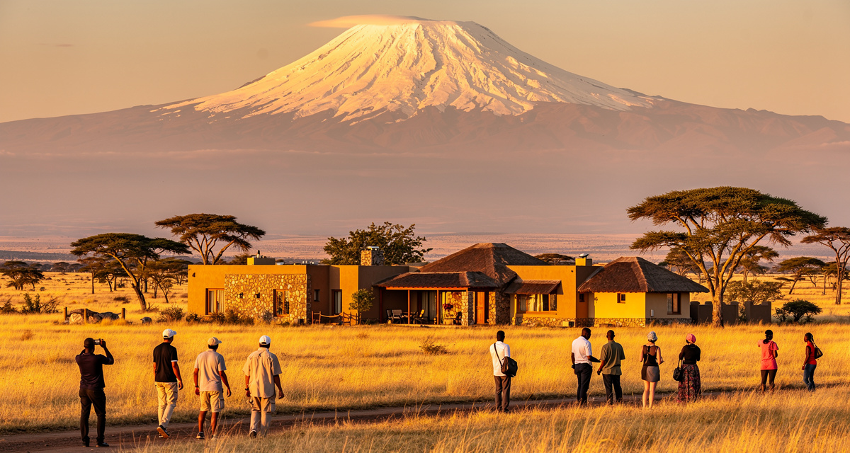 Mount Kilimanjaro snow-capped peak rising above the golden African savanna at sunset with acacia trees silhouetted in the foreground, representing Tanzania and the +255 international dialing code