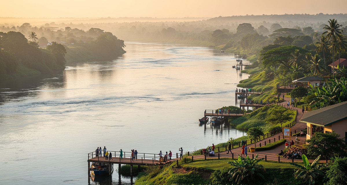 Source of the Nile at Jinja with the wide Victoria Nile flowing out of Lake Victoria through lush green banks, wooden boats moored at the riverbank, misty morning light over the water representing Uganda and the +256 international dialing code