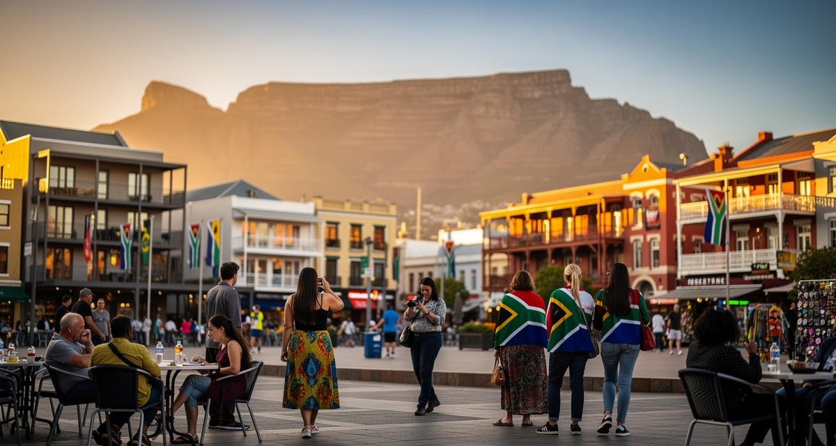 Table Mountain und die Skyline von Kapstadt, die die internationale Vorwahl +27 für Südafrika repräsentieren