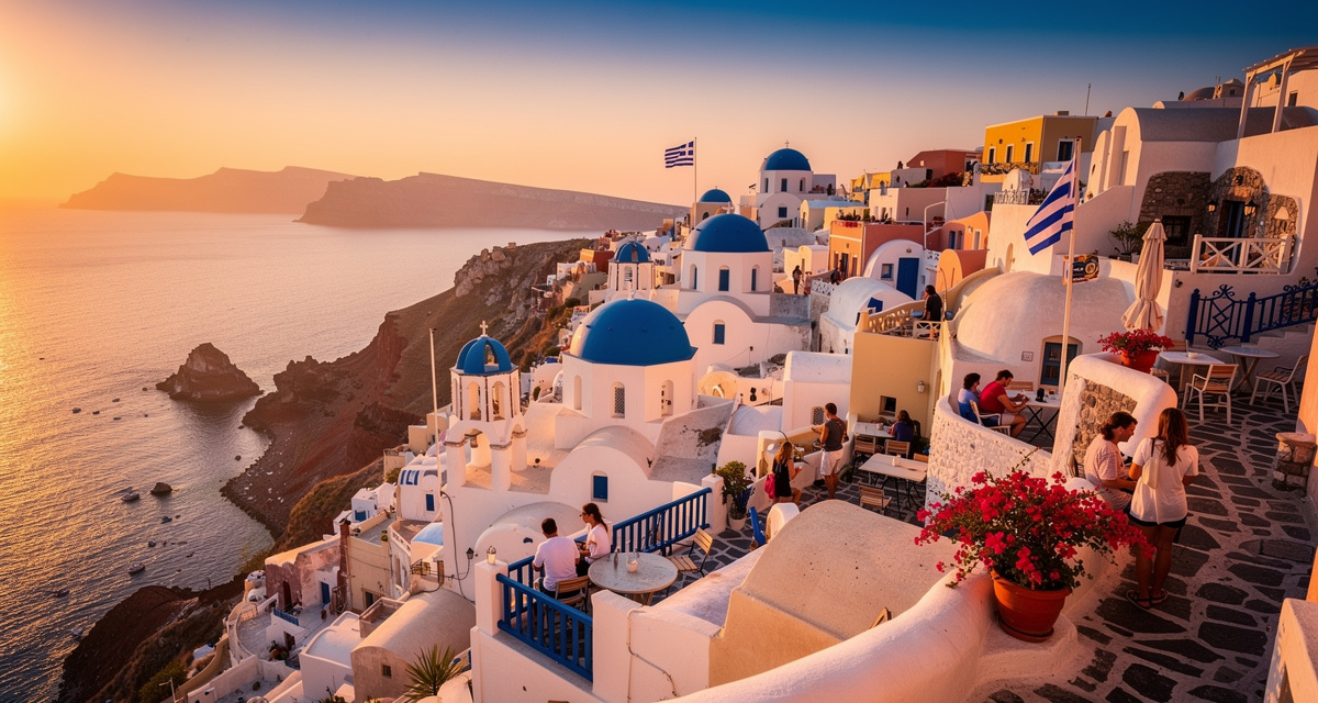 Santorini white-washed buildings with iconic blue domes overlooking the Aegean Sea at sunset, representing Greece and the +30 international dialing code