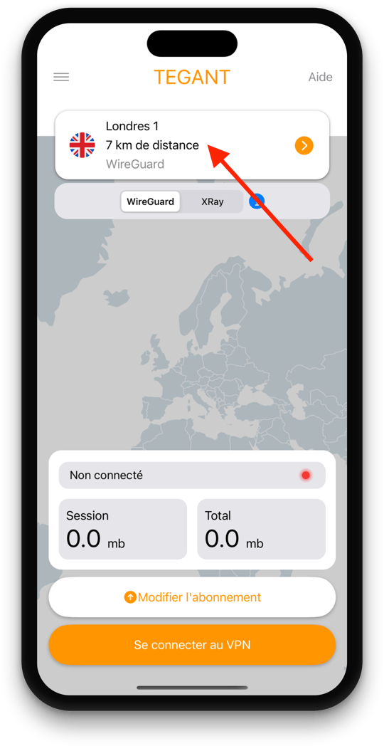 Écran principal de Tegant VPN montrant la sélection de serveur