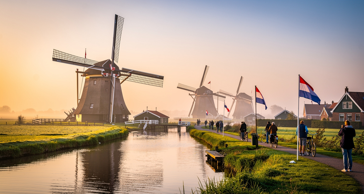 Traditional Dutch windmills at Kinderdijk with canal reflections, representing the +31 Netherlands international dialing code