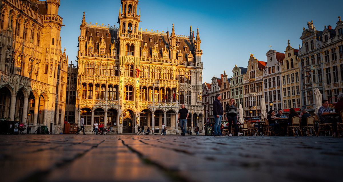 Grand Place in Brussels at dusk, with ornate gilded guild house facades and the Gothic town hall tower lit up against a deep blue sky