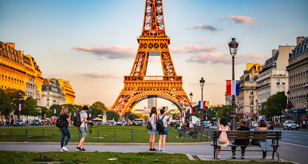 Der Eiffelturm in Paris bei goldenem Licht und Symbol für internationale Anrufe nach Frankreich mit der Vorwahl +33