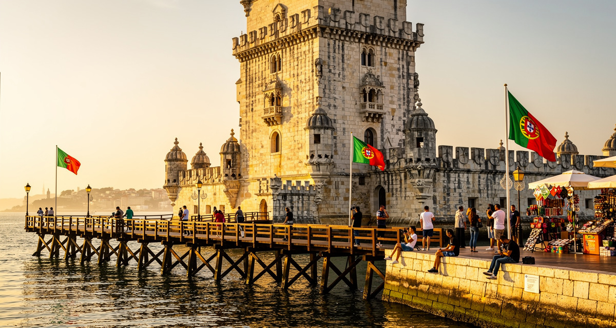 Belém-Turm in Lissabon zur goldenen Stunde als Symbol für internationale Anrufe nach Portugal mit der +351 Vorwahl