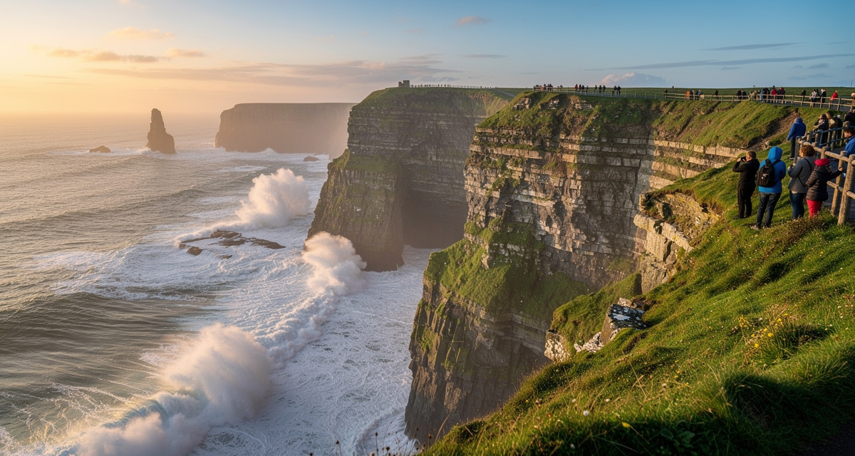 Cliffs of Moher dramatic sea cliffs at sunset with crashing Atlantic waves, representing Ireland and the +353 international dialing code