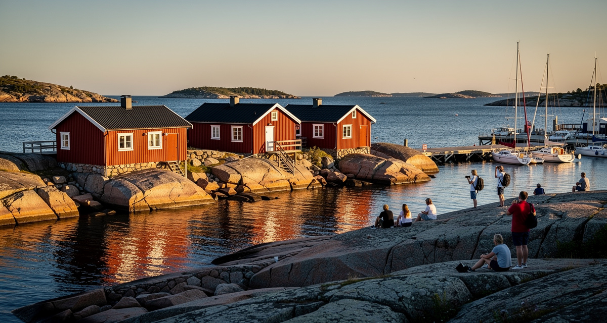 Red wooden fishing cottages along a rocky Baltic Sea shoreline in the Åland Islands, an autonomous region of Finland that shares the +358 country code