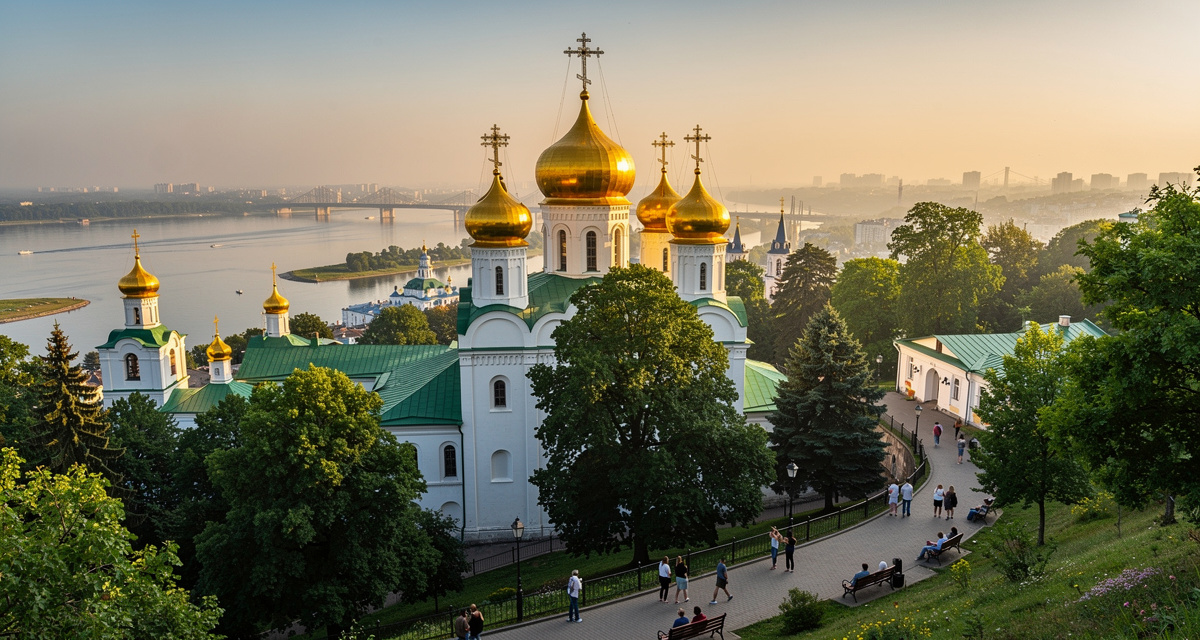 Kyiv Pechersk Lavra monastery golden domes overlooking the Dnipro river at golden hour, with orthodox church spires against a warm sky, representing Ukraine and the +380 international dialing code