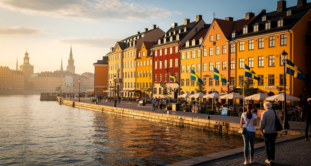 Stockholm Old Town Gamla Stan waterfront at golden hour with colorful historic buildings reflecting in calm water, representing Sweden and the +46 international dialing code