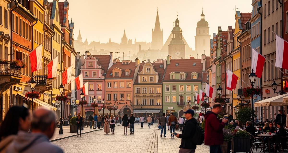 Poland flag and landmarks including Warsaw skyline representing the +48 international dialing code