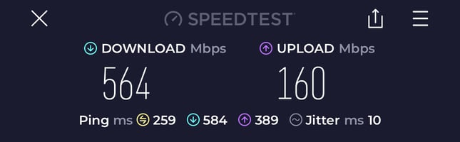 Tegant VPN Benchmark: London to Tokyo - Download: 564 Mbps, Upload: 160 Mbps, Ping: 259 ms