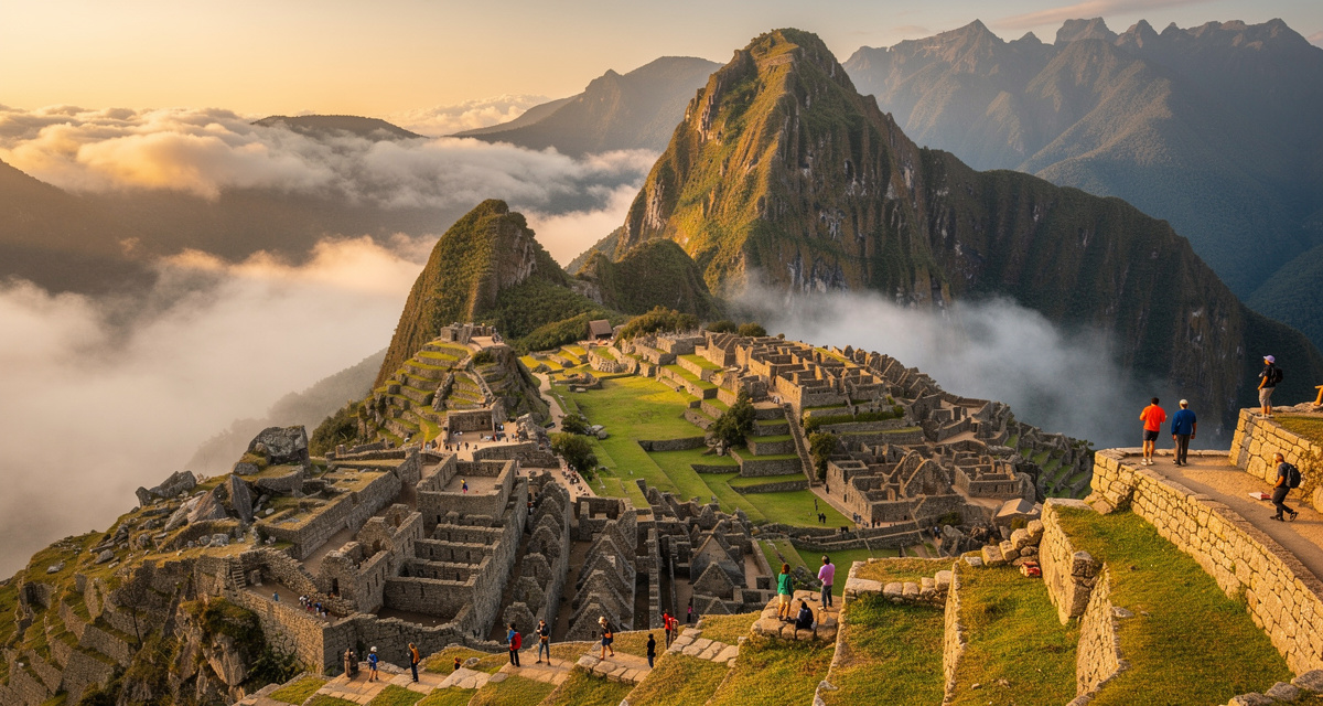 Machu Picchu ancient Inca citadel at sunrise with misty Andes mountains, representing Peru and the +51 international dialing code
