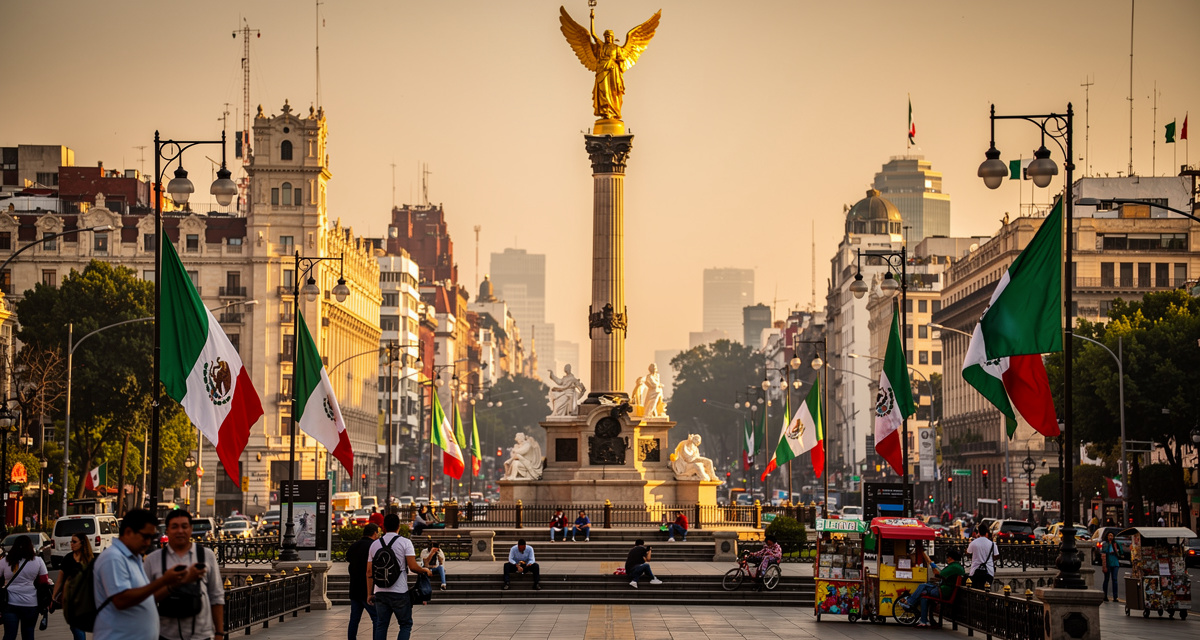 Skyline von Mexiko-Stadt mit dem Engel der Unabhängigkeit, symbolisiert die internationale Vorwahl +52