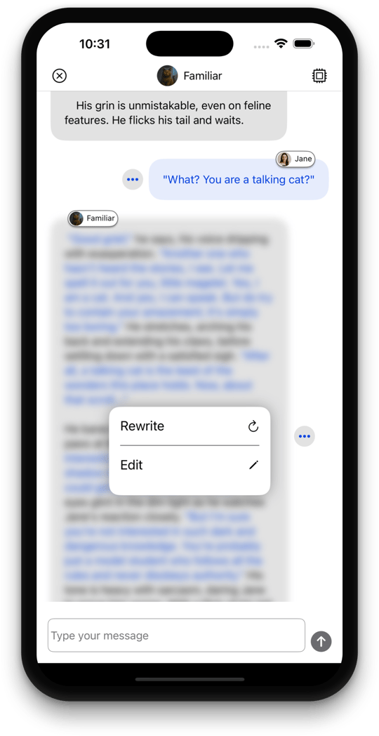 Chat screen demonstrating options to edit or regenerate AI responses, enabling out-of-character actions