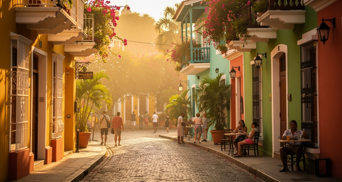 Cartagena colorful colonial old town streets at golden hour with flower-covered balconies, representing Colombia and the +57 international dialing code