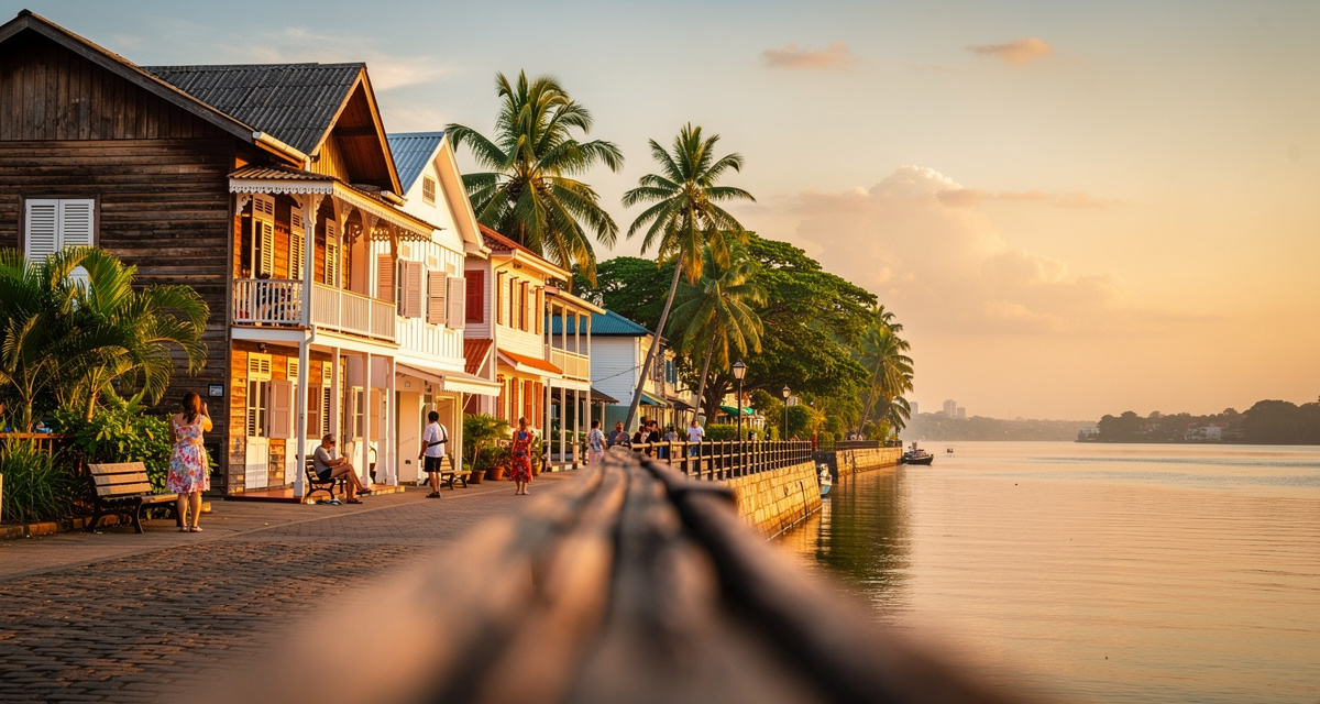 Historic wooden colonial buildings along the waterfront of Paramaribo, Suriname, with the Suriname River in the foreground and tropical palm trees framing the UNESCO World Heritage cityscape