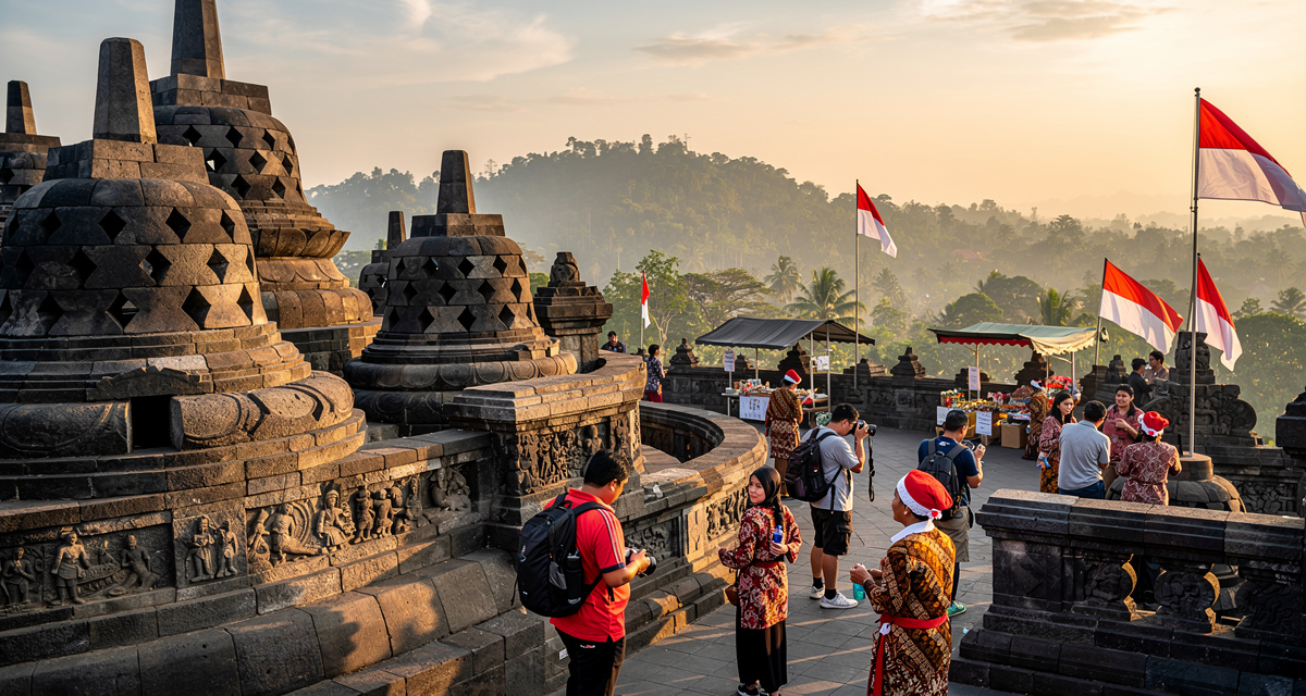 Tempel von Borobudur in Indonesien als Symbol für internationale Anrufe mit der Vorwahl +62