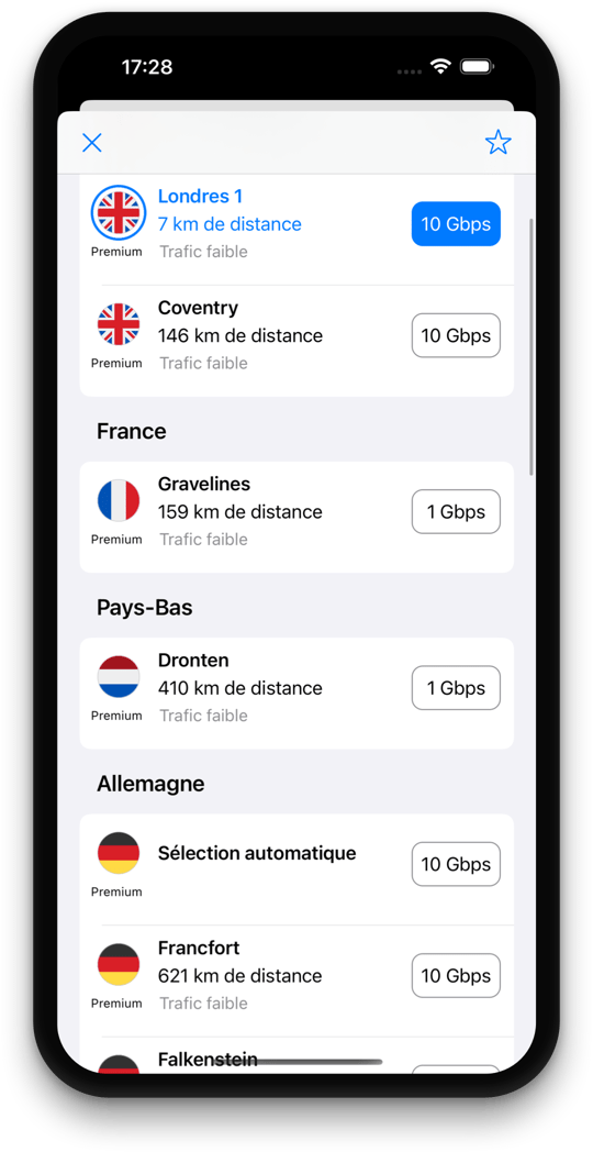 Écran de sélection des serveurs Tegant VPN