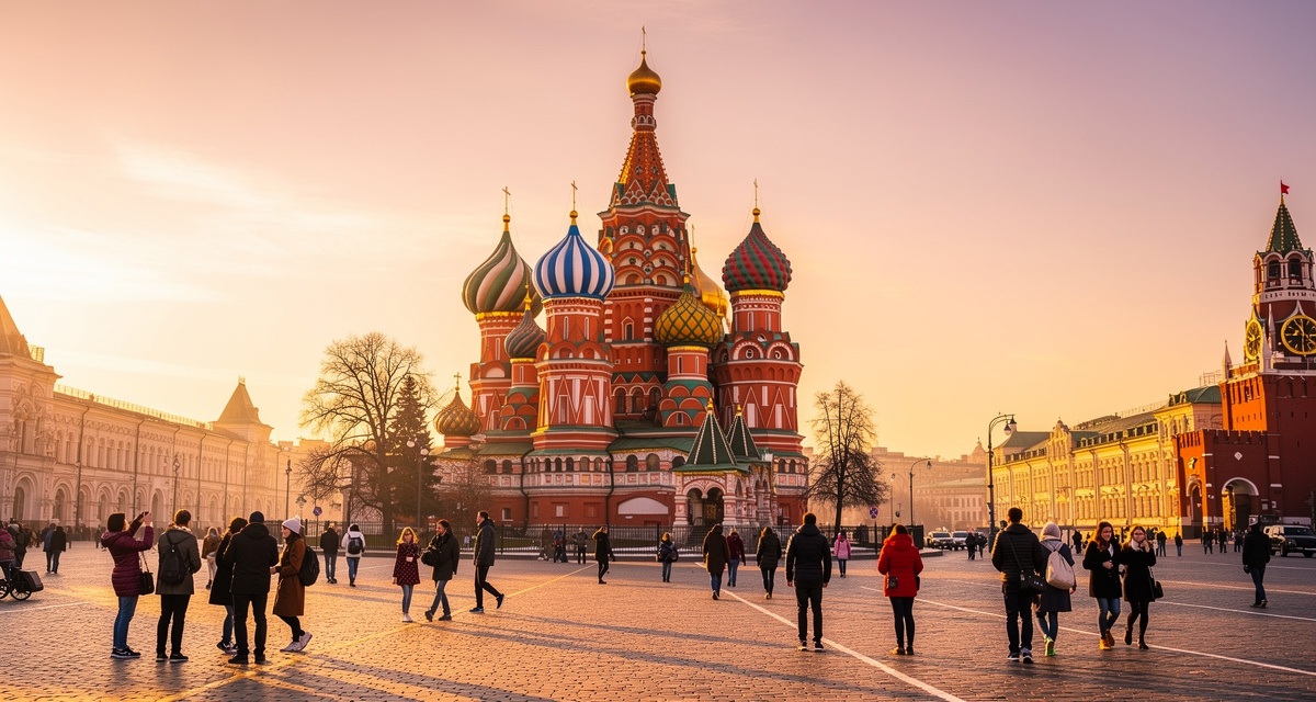 Saint Basil's Cathedral on Red Square in Moscow at golden hour with colorful onion domes against a warm sky, representing Russia and the +7 international dialing code