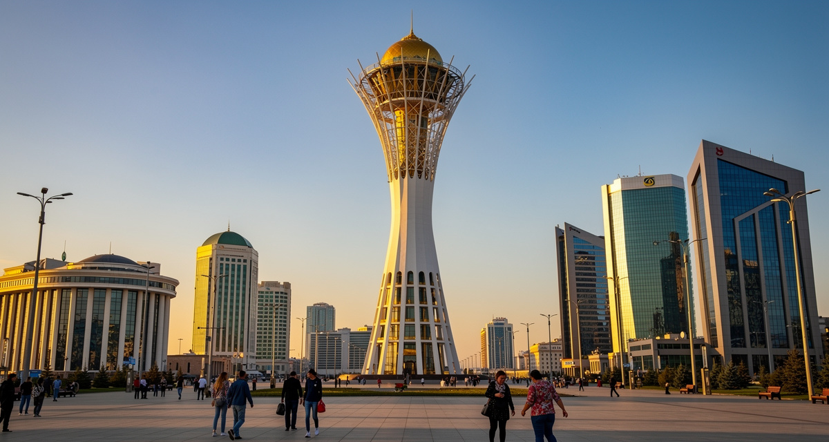 Bayterek Tower in Astana at golden hour with modern government buildings along a wide boulevard, representing Kazakhstan which shares the +7 country code with Russia