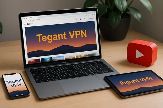 Ordinateur portable affichant 'Tegant VPN' sur le site YouTube, avec une plante et une figurine du logo YouTube sur le bureau