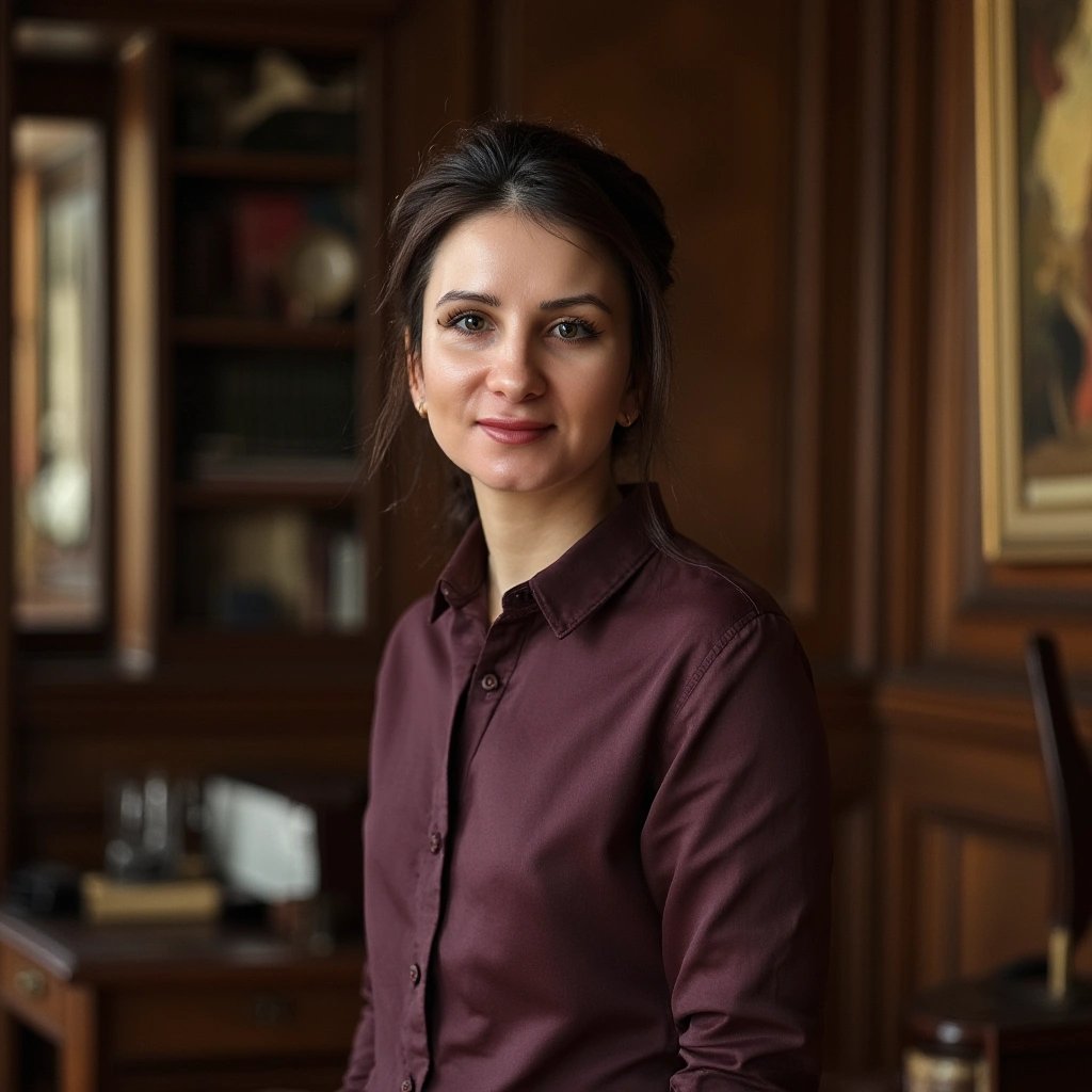 Professional business headshot - business woman in silk blouse in elegant office