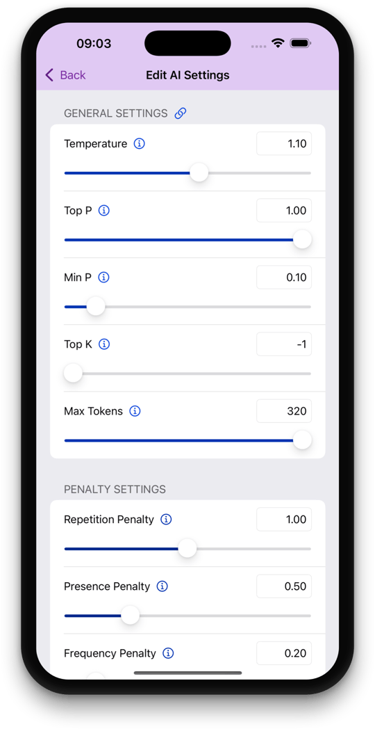 AI Settings screen showing sliders and options to adjust language model parameters like temperature and top_p