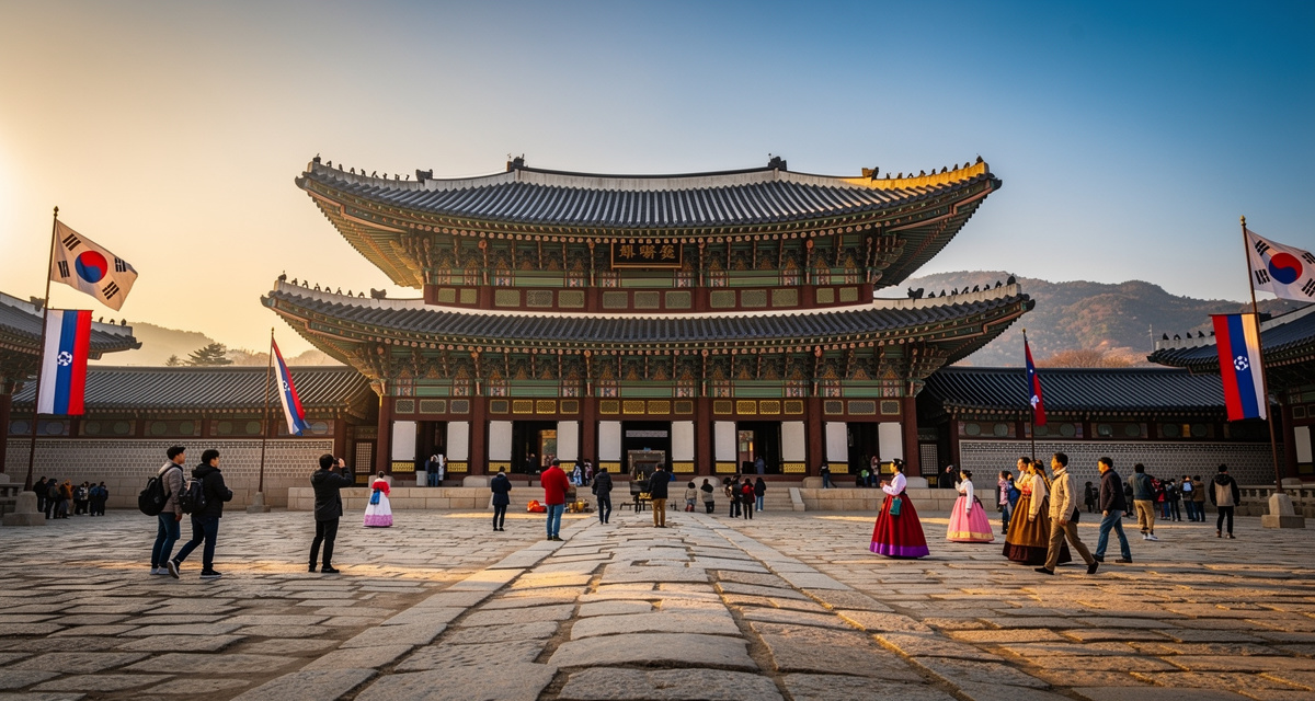Skyline von Seoul und der Gyeongbokgung-Palast, die die internationale Vorwahl +82 für Südkorea repräsentieren