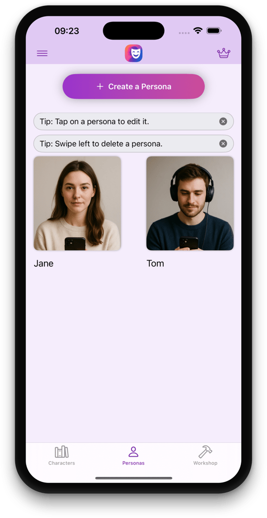 Persona creation screen showing customization options for user's digital avatar