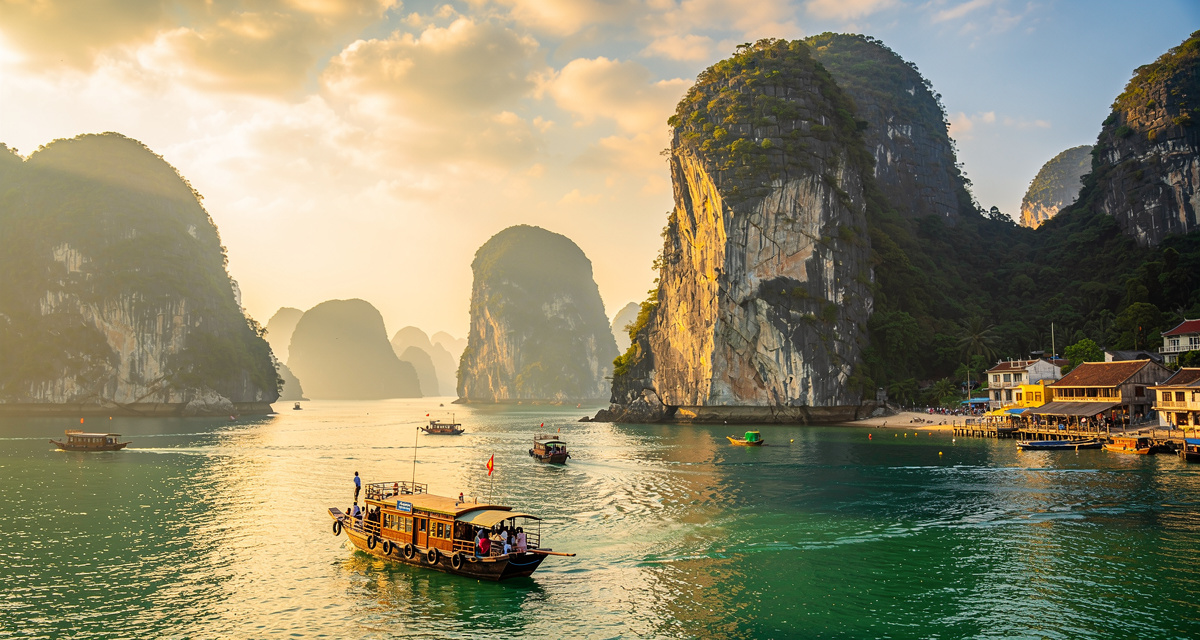 Ha Long Bay limestone karsts at sunrise, Vietnam - the country using the +84 dialing code